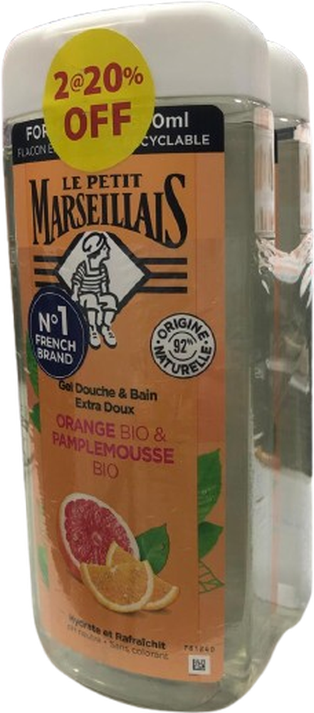 LES PETIT MARSEILLAIS GEL DOUCHE 650ML *2 ORANGE & PAMPLEMOUSSE @ 20% OFF