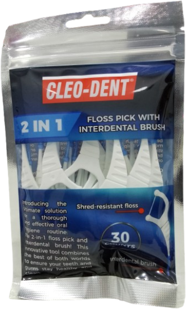 CLEO - DENT 2 IN 1 FLOSS PICK WITH INTERDENTAL BRUSH*30 COUNTS 2101