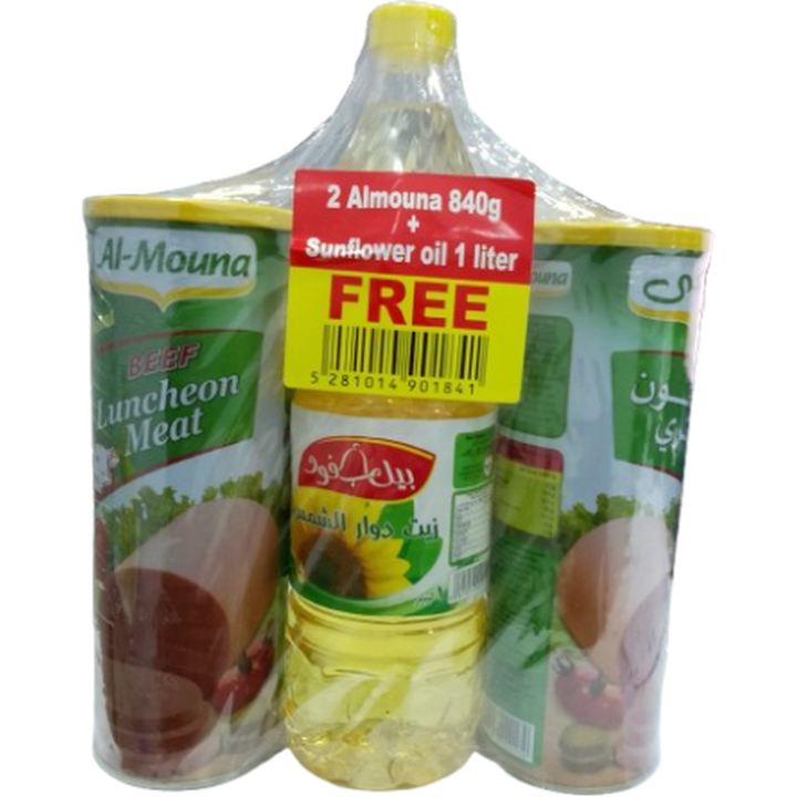 AL MOUNA LUNCHEON BEEF 840G*2+SUNFLOWER OIL 1L
