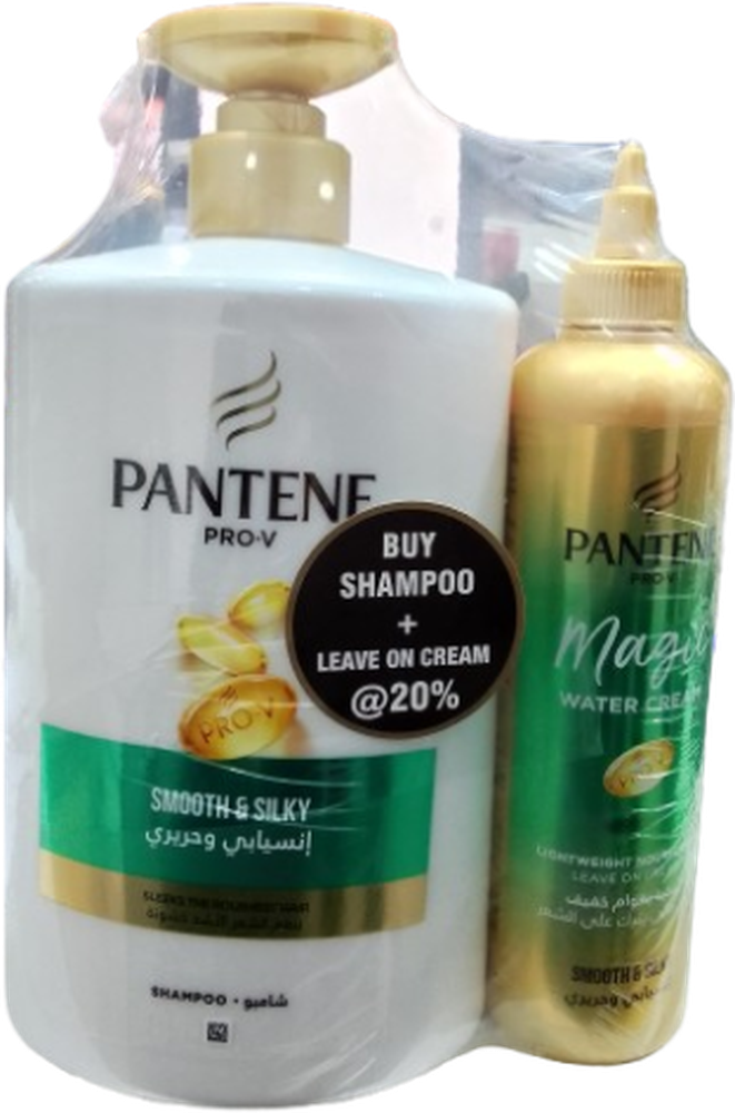 PANTENE SHAMPOO SMOOTH & SLIKY 1L+LEAVE ON CREAM @20% OFF